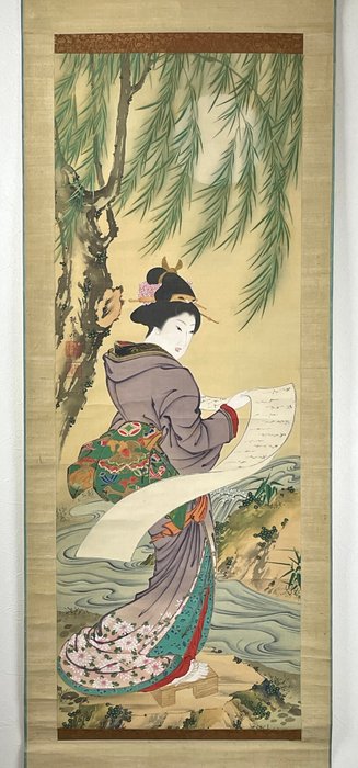 Japansk maleri: "Beauty Portrait" af Kinhō - Hanging Scroll, håndmalet på silke, trærulle - Singed Kinhō (琴峰) - Japan - 19. - 20. århundrede