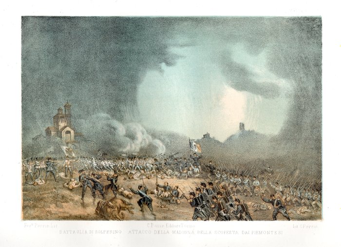 Italien - Battaglia di Solferino, Risorgimento; Perrin - Battaglia di Solferino Attacco della Madonna della Scoperta dai Piemontesi - 1860