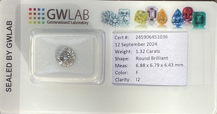 Ingen mindstepris - 1 pcs Diamant  (Natur)  - 1.32 ct - Rund - F - I2 - Gemewizard Gemological Laboratory (GWLab)