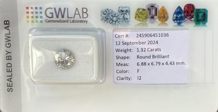 Ingen mindstepris - 1 pcs Diamant  (Natur)  - 1.32 ct - Rund - F - I2 - Gemewizard Gemological Laboratory (GWLab)