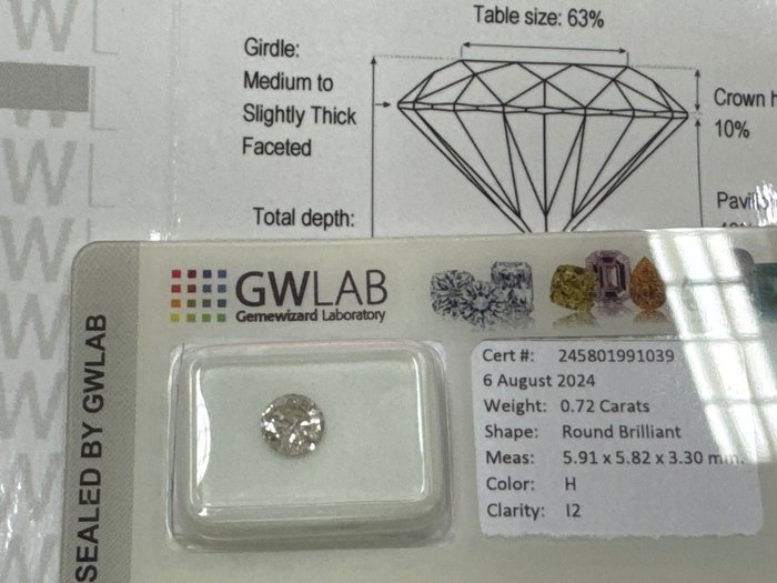 Ingen mindstepris - 1 pcs Diamant  (Natur)  - 0.72 ct - Rund - H - I2 - Gemewizard Gemological Laboratory (GWLab)