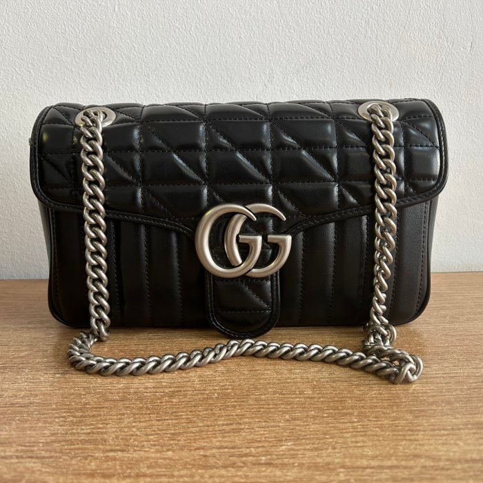 Gucci - Calfskin Matelasse Aria Small GG Marmont Shoulder Bag Black - Skuldertaske