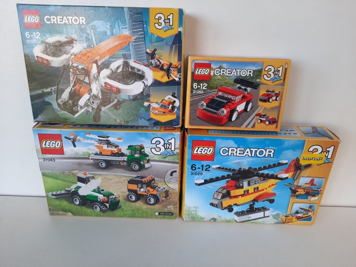 Lego - Creator - 31043+31071+31055+31029 - Helikoptertransport +Droneverkenner+ Rode Racewagen + Vrachthelikopter