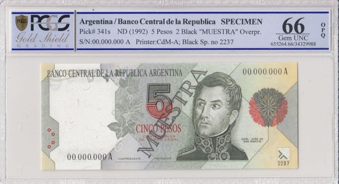 Argentina. - 5 Pesos - ND (1992) - Specimen - Pick 341s