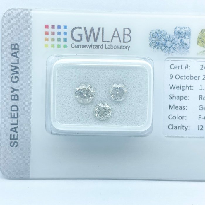 Ingen mindstepris - 3 pcs Diamant  (Natur)  - 1.01 ct - Rund - F, G - I2 - Gemewizard Gemological Laboratory (GWLab)