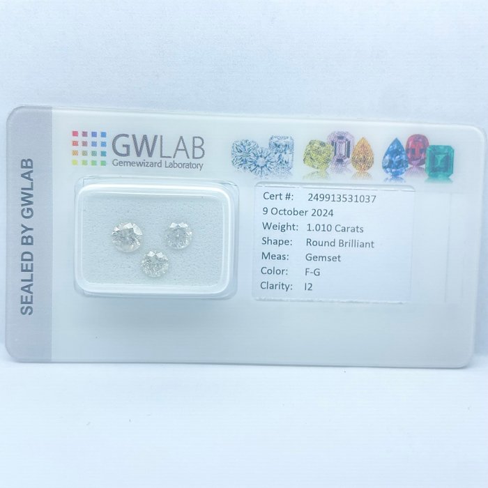 Ingen mindstepris - 3 pcs Diamant  (Natur)  - 1.01 ct - Rund - F, G - I2 - Gemewizard Gemological Laboratory (GWLab)