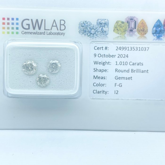 Ingen mindstepris - 3 pcs Diamant  (Natur)  - 1.01 ct - Rund - F, G - I2 - Gemewizard Gemological Laboratory (GWLab)