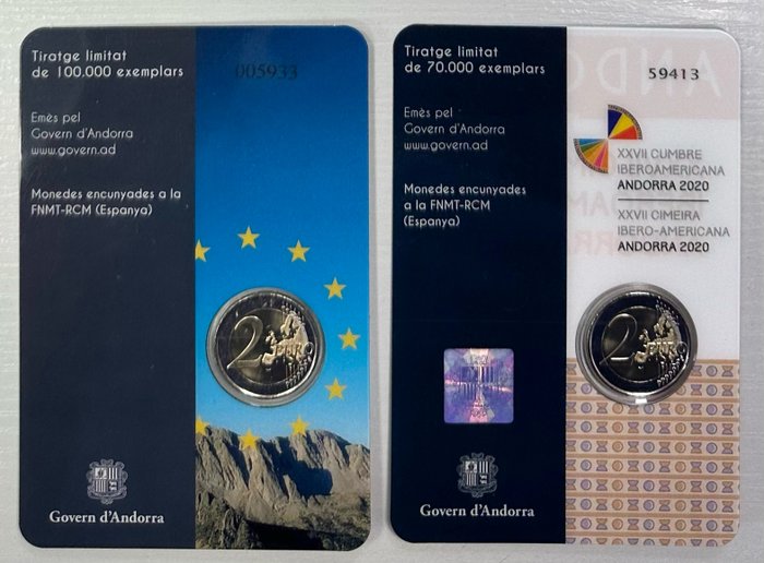 Andorra. 2 Euro 2014/2020 "Conseil de l'Europe" + "Sommet ibéro-américain" (2 coincards)  (Ingen mindstepris)