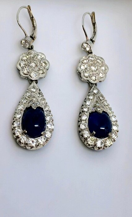 Dråbe øreringe - 14 karat Hvidguld, Vintage blå safir Cabochon 3CT Diamond 14 k hvidguld blomst drop øreringe -  3.00ct. tw. Diamant (Natur)