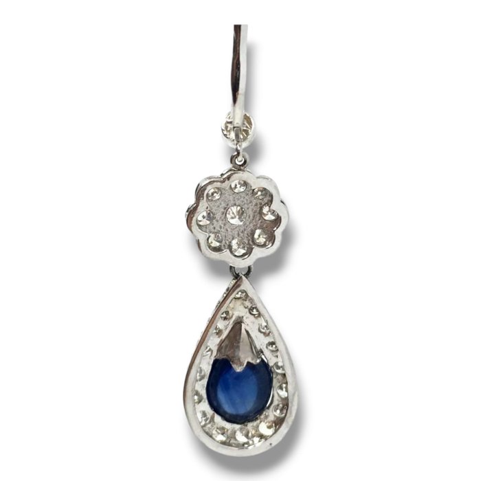 Dråbe øreringe - 14 karat Hvidguld, Vintage blå safir Cabochon 3CT Diamond 14 k hvidguld blomst drop øreringe -  3.00ct. tw. Diamant (Natur)