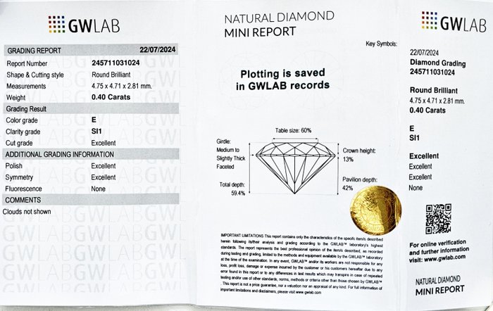 1 pcs Diamant  (Natur)  - 040 ct - Rund - E - SI1 - Gemewizard Gemological Laboratory (GWLab)