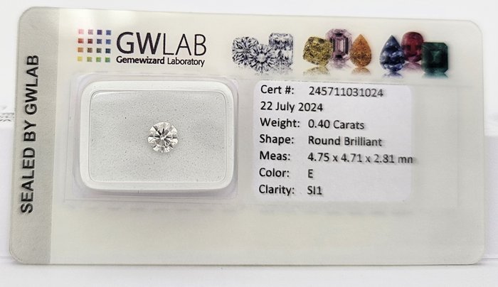 1 pcs Diamant  (Natur)  - 040 ct - Rund - E - SI1 - Gemewizard Gemological Laboratory (GWLab)