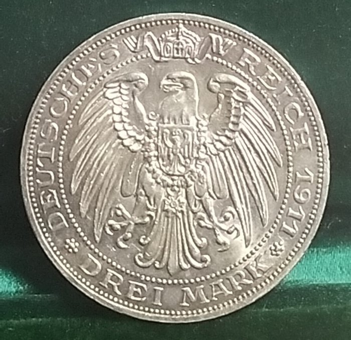 Tyskland, Emperie, Tyskland, Preussen. Friedrich II. (1904-1918). 3 Mark 1911, Universität Breslau  (Ingen mindstepris)