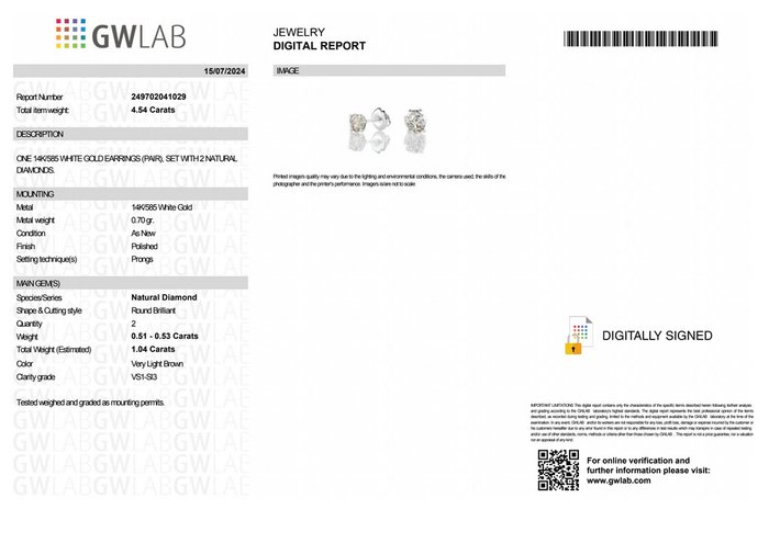 Ingen mindstepris - Øreringe - 14 karat Hvidguld -  1.04ct. tw. Brun Diamant (Naturfarvet) - GWLab