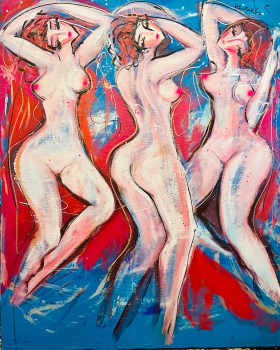 Hrasarkos (1975) - Les Trois Grâces - Huile Acrylique sur grand toile