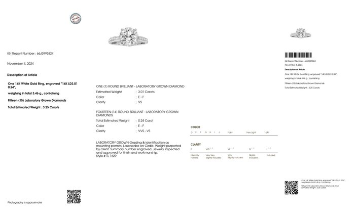 Ingen mindstepris - Ring - 14 karat Hvidguld -  3.25ct. tw. Diamant (Laboratoriedyrket) - Diamant - IGI