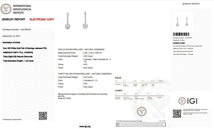 Øreringe - 18 kraat Hvidguld -  1.20ct. tw. Diamant (Natur) - Diamant