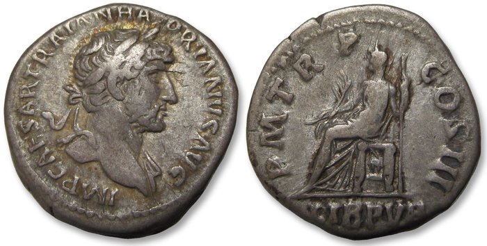 Romarriket. Hadrian (117-138). Denarius Rome mint 119-122 A.D. -  P M TR P COS III / LIB PVB Libertas seated left -