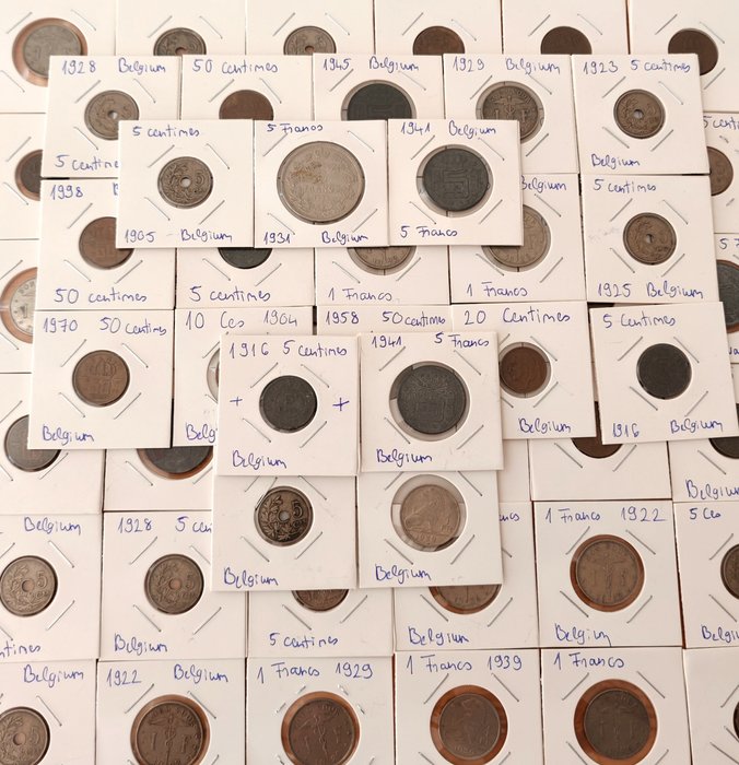 Belgien. Collection of 58 Coins 1904-1997, incl. coin from WWII  (Ingen mindstepris)