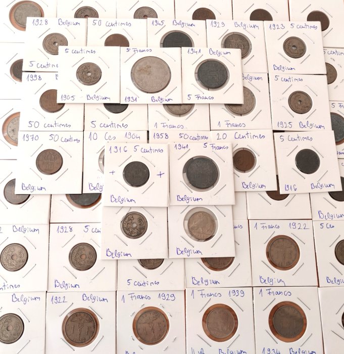 Belgien. Collection of 58 Coins 1904-1997, incl. coin from WWII  (Ingen mindstepris)