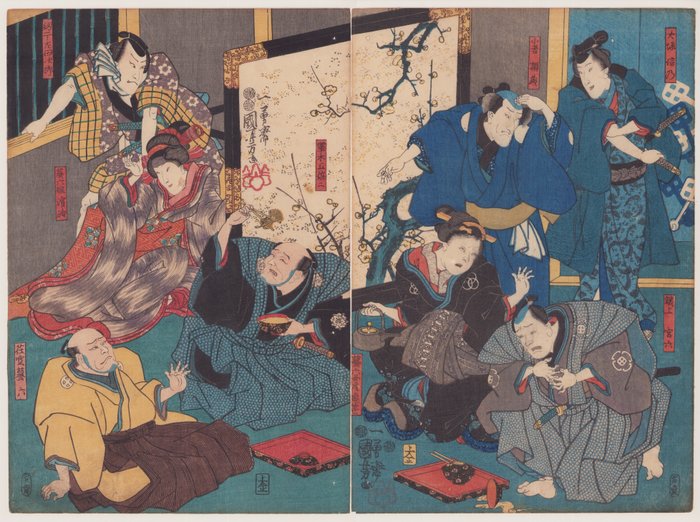 Kabuki actors on stage - 1852 - Utagawa Kuniyoshi (1797-1861) - Japan -  Edo-perioden (1600-1868)