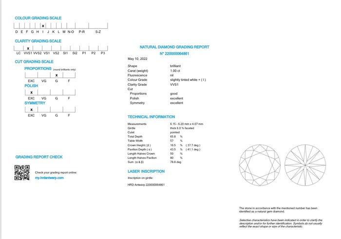 1 pcs Diamant  (Natur)  - 1.00 ct - Rund - I - VVS1 - HRD Antwerpen