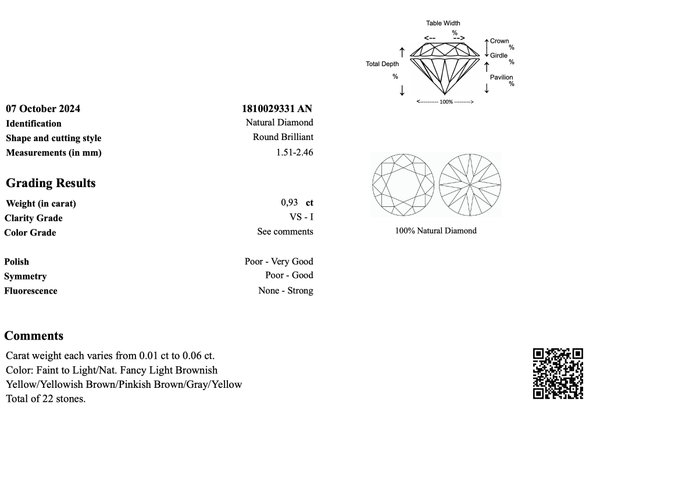 Ingen mindstepris - 22 pcs Diamant  (Natur)  - 0.93 ct - Rund - I1, I2, I3, SI1, SI2, VS1, VS2 - Gem Report Antwerp (GRA) - INGEN RESERVEPRIS