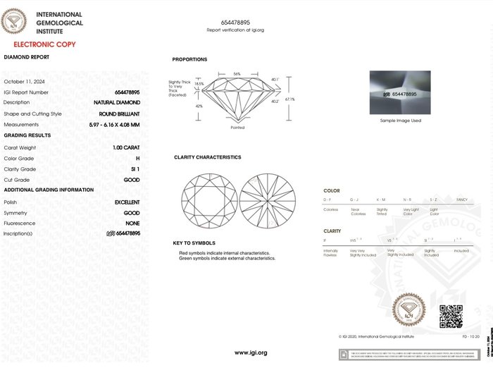 1 pcs Diamant  (Natur)  - 1.00 ct - Rund - H - SI1 - International Gemological Institute (IGI)