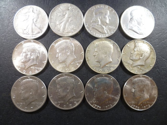 Förenta staterna. A Lot of 12 x USA Half Dollar ( 8 silver) 1937-1976  (Ingen mindstepris)