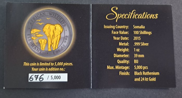 Somalia. 100 Shillings 2015 African Wildlife - Elephant - Black Ruthenium and 24 kt - Golden Enigma Edition, 1 Oz (.999)  (Ingen mindstepris)