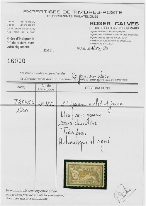 Frankrig 1900 - 2 f. Merson lilla-gul, signeret kalve med certifikat - Yvert 122