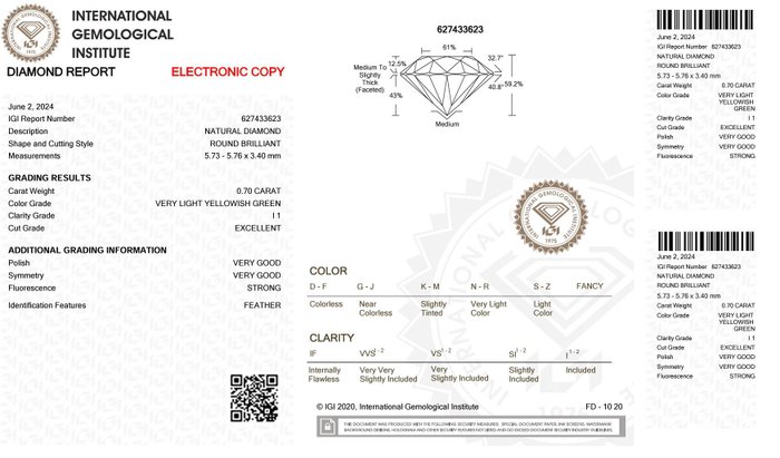 1 pcs Diamant  (Naturfarvet)  - 0.70 ct - Rund - Very light Gullig Grøn - I1 - International Gemological Institute (IGI)