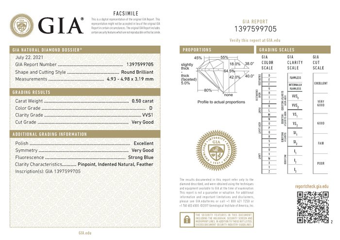 1 pcs Diamant  (Natur)  - 0.50 ct - Rund - D (farveløs) - VVS1 - Gemological Institute of America (GIA) - *VG*