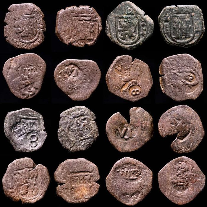 Spanien. Edad Media, siglos XIV / XVII.. Resello Casa de Austria. Lote de ocho (8) monedas.  (Ingen mindstepris)