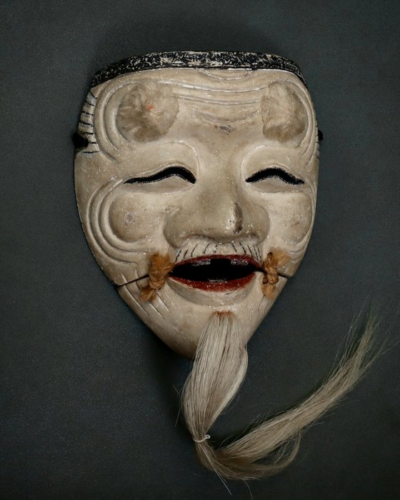 Excellent carved Japan Wooden Noh Mask of Okina 翁 (with Mask Bag) - Skulptur Træ - Japan  (Ingen mindstepris)