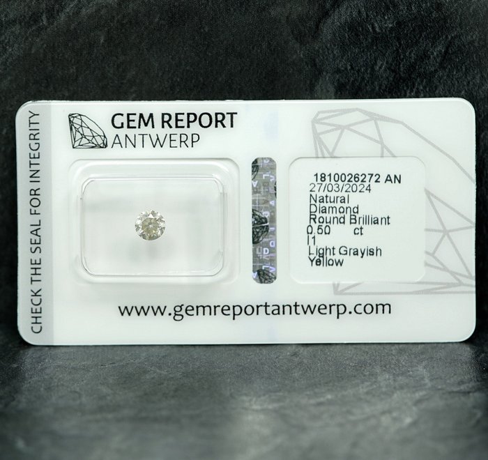 1 pcs Diamant  (Naturfarvet)  - 0.50 ct - Light Grålig Gul - I1 - Gem Report Antwerp (GRA)