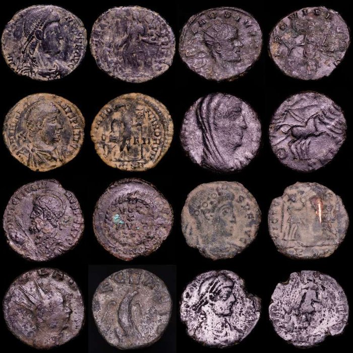 Romarriket. Lot comprising eight (8) coins: III-IV centuries AD.. Antoninianus, Follis, Maiorinas. Magnus Maximus, Valentinianus, Constans, Constantius II, Julian II, Claudius II (2)  Constantine I  (Ingen mindstepris)