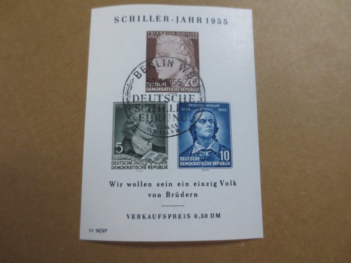 GDR 1955 - DDR blok Schiller med pladefejl II "vorter" kontrolleret af Schönherr - Block 12 PF II