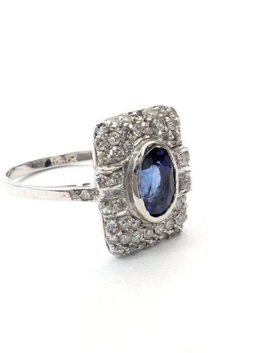 Ring - 18 kraat Hvidguld Safir - Diamant