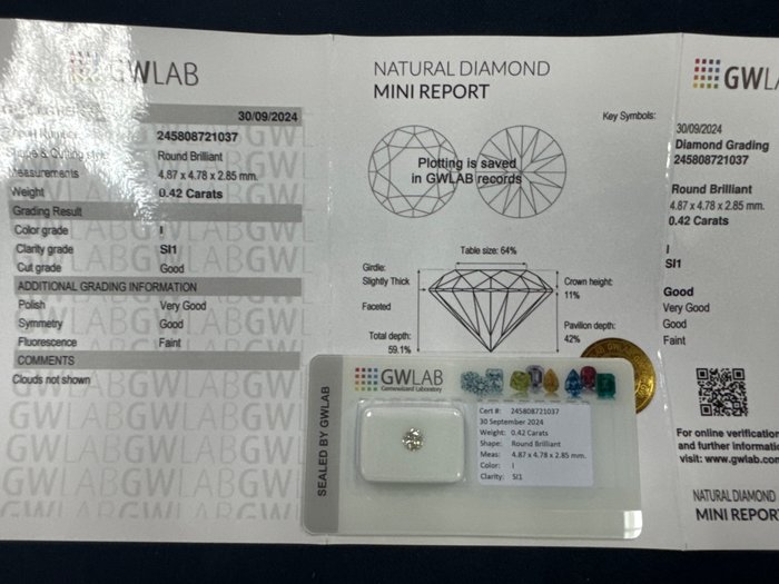 Ingen mindstepris - 1 pcs Diamant  (Natur)  - 0.42 ct - Rund - I - SI1 - Gemewizard Gemological Laboratory (GWLab)