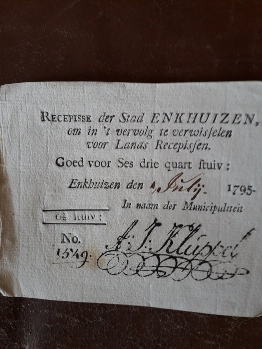 Holland - Enkhuizen - 4½ 6¾ 22½ 45 Stuiver 15 mei 1795 - Pick B40 B41 B42 B43