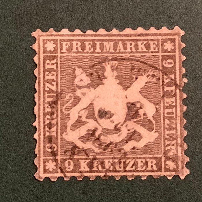 Württemberg 1863 - 9 Kreuzer i nuance sort brun - godkendt Heinrich BPP - Michel 28d