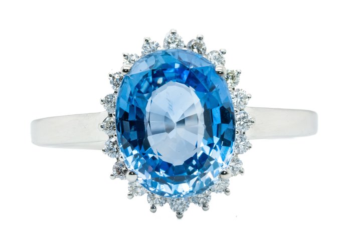 Ingen mindstepris - Ring - 18 kraat Hvidguld, Blå (Ceylon) -  4.03ct. tw. Safir - Diamant - 0,22 ct - VS