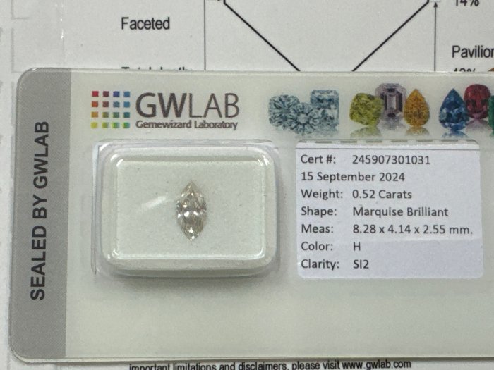 Ingen mindstepris - 1 pcs Diamant  (Natur)  - 0.52 ct - Marquise - H - SI2 - Gemewizard Gemological Laboratory (GWLab)