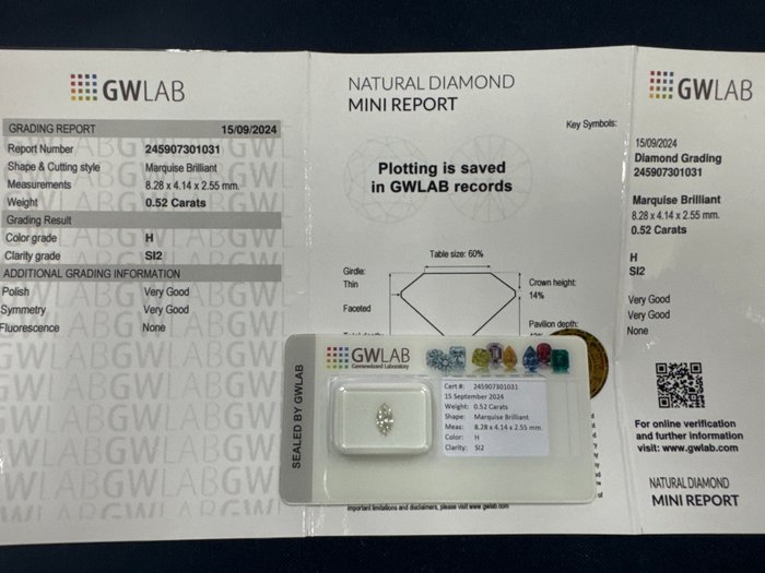 Ingen mindstepris - 1 pcs Diamant  (Natur)  - 0.52 ct - Marquise - H - SI2 - Gemewizard Gemological Laboratory (GWLab)