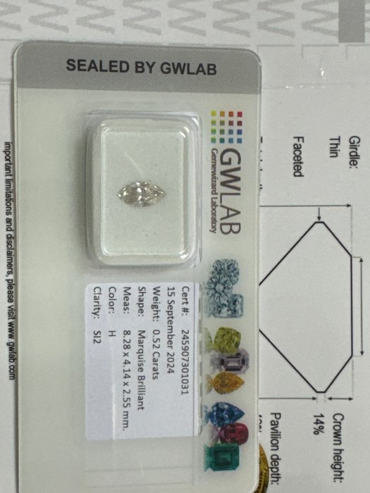 Ingen mindstepris - 1 pcs Diamant  (Natur)  - 0.52 ct - Marquise - H - SI2 - Gemewizard Gemological Laboratory (GWLab)