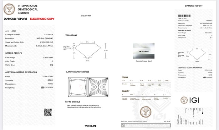 1 pcs Diamant  (Natur)  - 0.95 ct - Kvadrat - G - SI2 - International Gemological Institute (IGI)