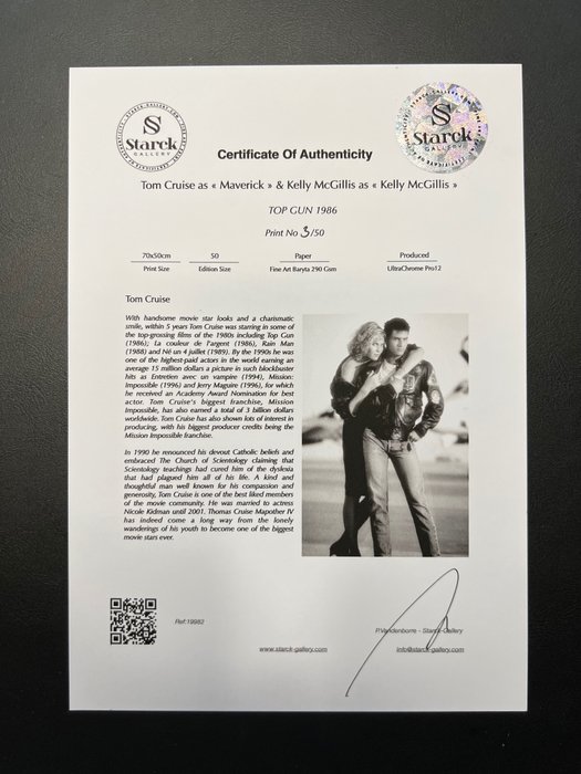 Top Gun (1986) - Tom Cruise  Kelly McGillis - Fine Art Photography - Luxury Wooden Framed 70X50 cm - Limited Edition Nr 01 of 50 - Serial ID 19982 - Original Certificate (COA), Hologram Logo Editor and QR Code