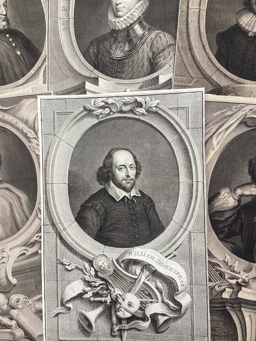 Shakespeare and other English writers; 6 prints. Shakespeare, Milton, Chaucer, Ben Jonson, Philip - by Jacobus Houbraken (1698-1780)