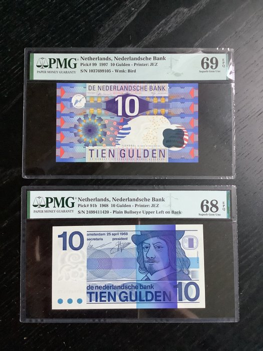 Holland. - 2 x 10 Gulden 1968-1997 - Pick 91b, 99  (Ingen mindstepris)